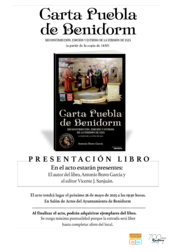 Cartel de la presentación del libro de Antonio Bravo "Carta Puebla de Benidorm"