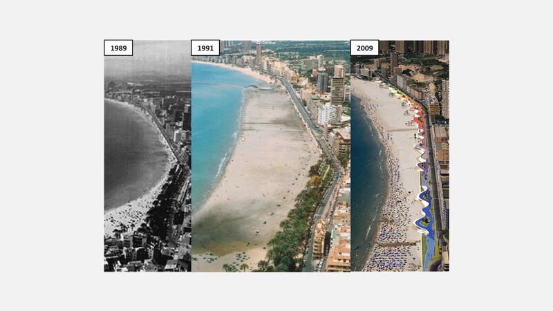 Esta imagen es una comparación de las playas de Benidorm de los años 1989, 1991 y 2009 acerca de la erosión de la costa.
