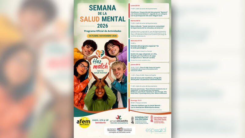 Benidorm organiza un extenso programa para informar y concienciar dentro de la Semana de la Salud Mental