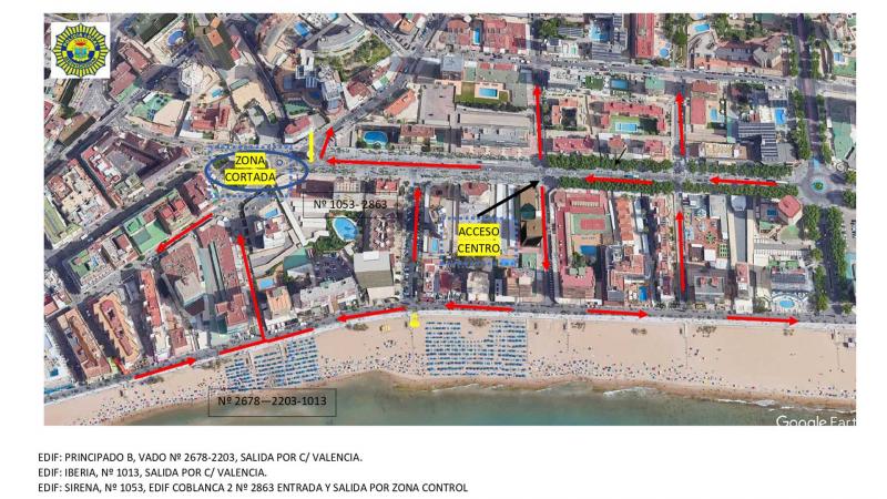 El acceso al Casco Antiguo desde Levante se habilita estos días por la calle Juan Rodríguez. Plano de acceso al casco antiguo durante el Benidorm Fest