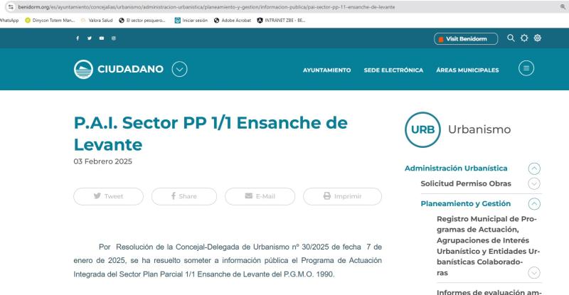 Caselles: “El PAI de Ensanche Levante está en la web del Ayuntamiento desde el 3 de febrero para su consulta pública” 