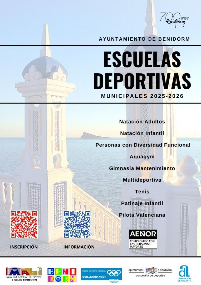 CARTEL NOMBRE ESCUELAS DEPORTIVAS 2025/2026 CON FONDO L'ILLA Y CASTILLO DE BENIDORM