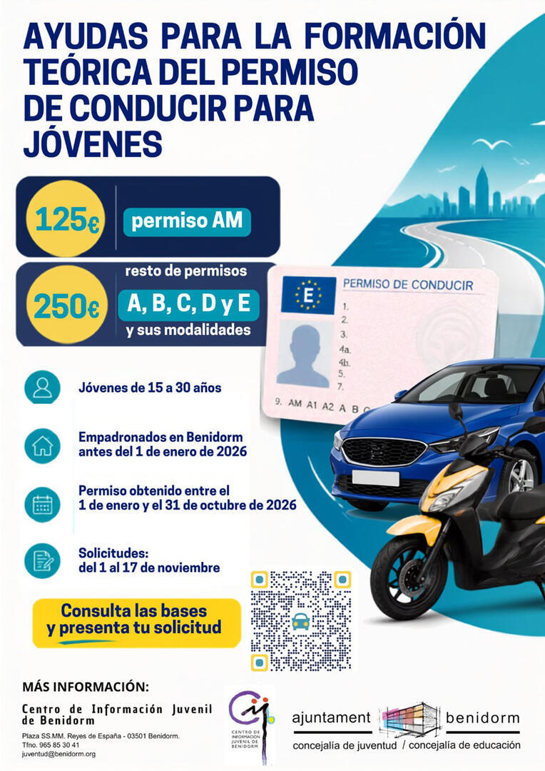 Ayudas para la formación teórica del permiso de conducir para jóvenes de 15 a 30 años empadronados/as en Benidorm