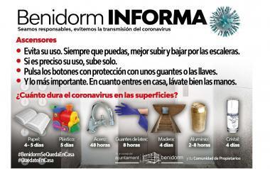 Benidorm distribuye entre las administraciones de fincas carteles con las limitaciones de uso de ascensores durante el coronavirus