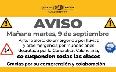 Benidorm suspende las clases para este martes ante la emergencia por tormentas e inundaciones decretada por el 112 CV
