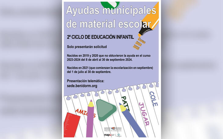 Benidorm lanza las ayudas para la compra de material escolar para el alumnado de 2º ciclo de infantil, que serán de 63 euros 