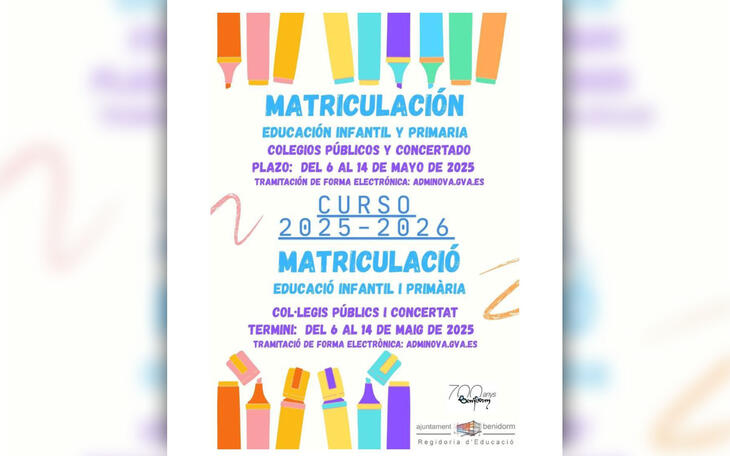 Educación abre hoy el plazo de solicitud de matrícula para Infantil y Primaria en los colegios de Benidorm