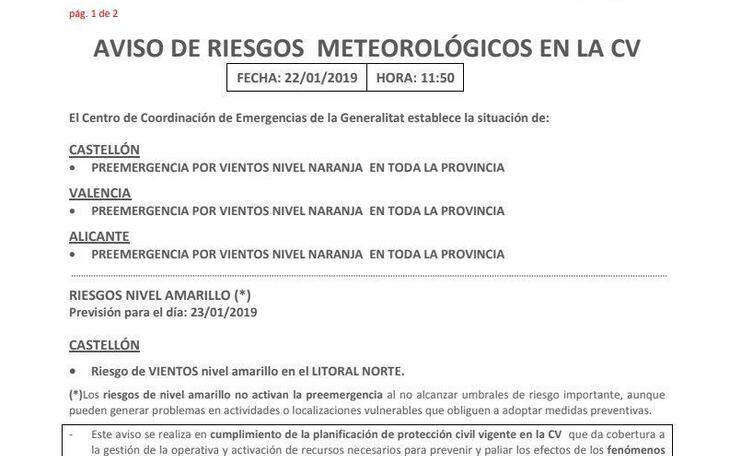 Activada la preemergencia naranja por riesgo de fuertes vientos 