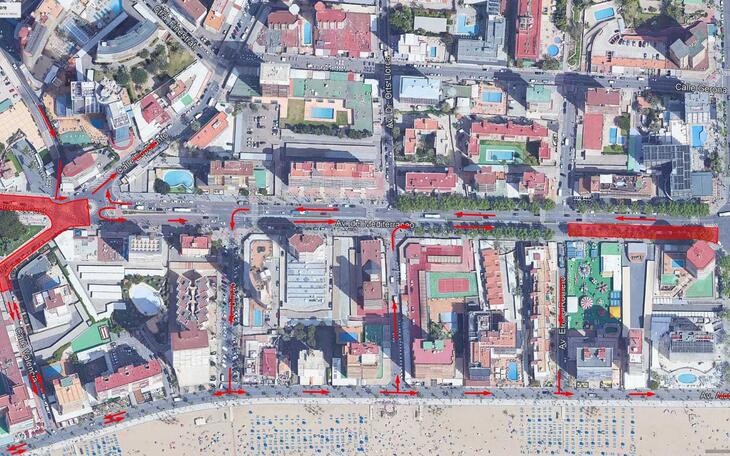 Corte de tráfico en la avenida del Mediterráneo entre Emilio Romero y Europa en dirección al Rincón de Loix